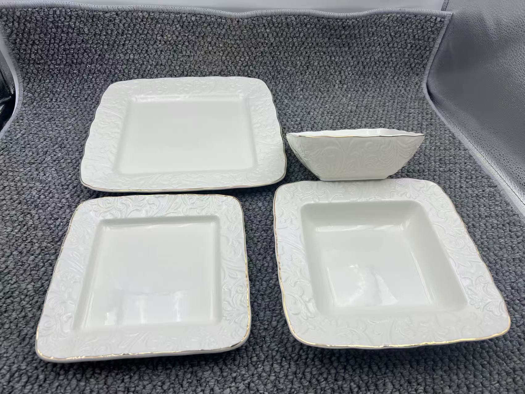 方圆陶瓷白色浮雕套装餐具描金轻奢精致简约餐具白底实物图