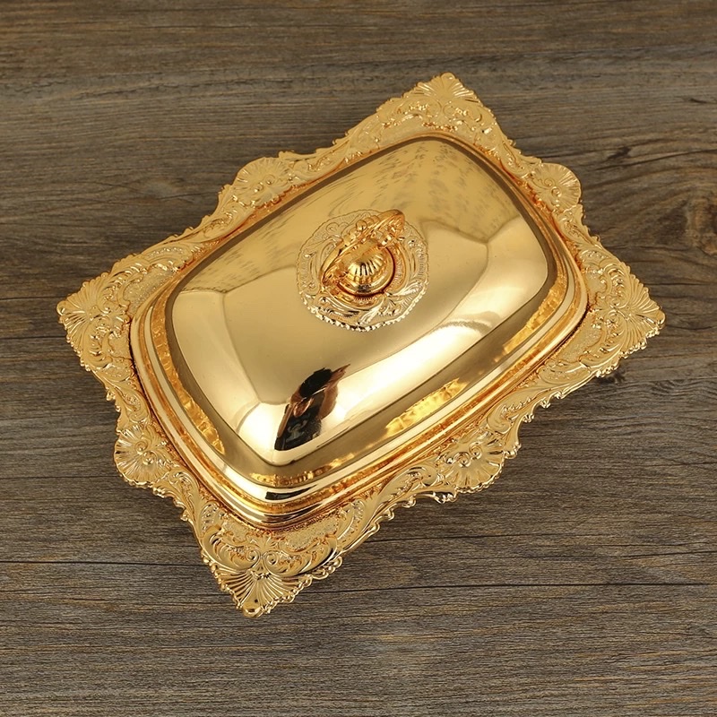 European-style retro golden square tray, living room coffee table, dried fruit plate, fruit plate, pastry plate, storage plate, decorative item plate, Western-style dinner plate, dinner plate Specification image