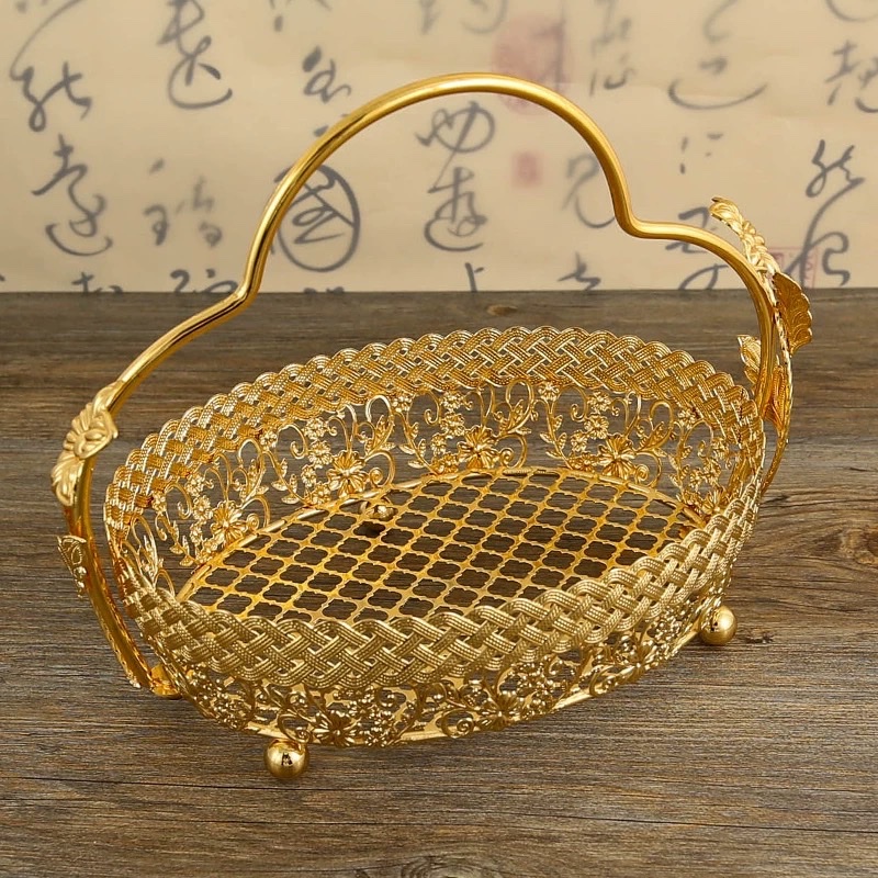 欧式复古金色水果篮客厅茶几水果篮收纳提篮大号果盘办公室乔迁便携餐具