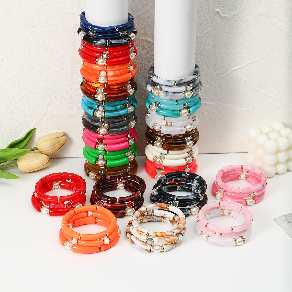 Best-selling 3-piece set of acrylic curved tube bracelet, multi-layer simple and fashionable style, multi-color versatile, exaggerated style bracelet for women detail image 4