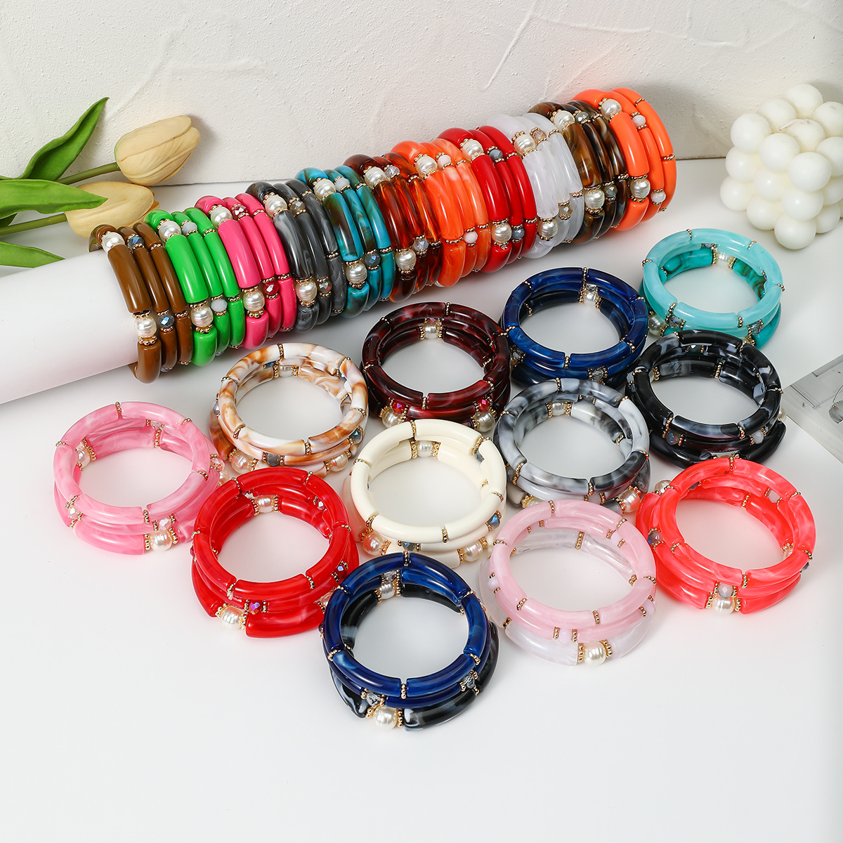 Best-selling 3-piece set of acrylic curved tube bracelet, multi-layer simple and fashionable style, multi-color versatile, exaggerated style bracelet for women detail image 5