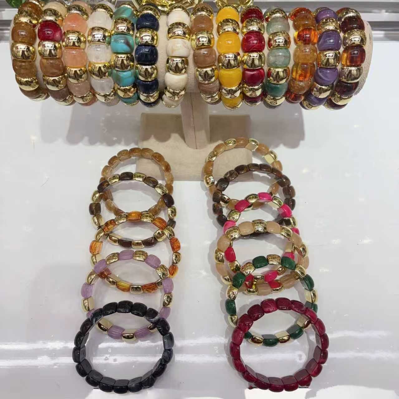 欧美时尚亚克力手镯金色拼接弯管手链弧形竹管多色复古晕染手串女