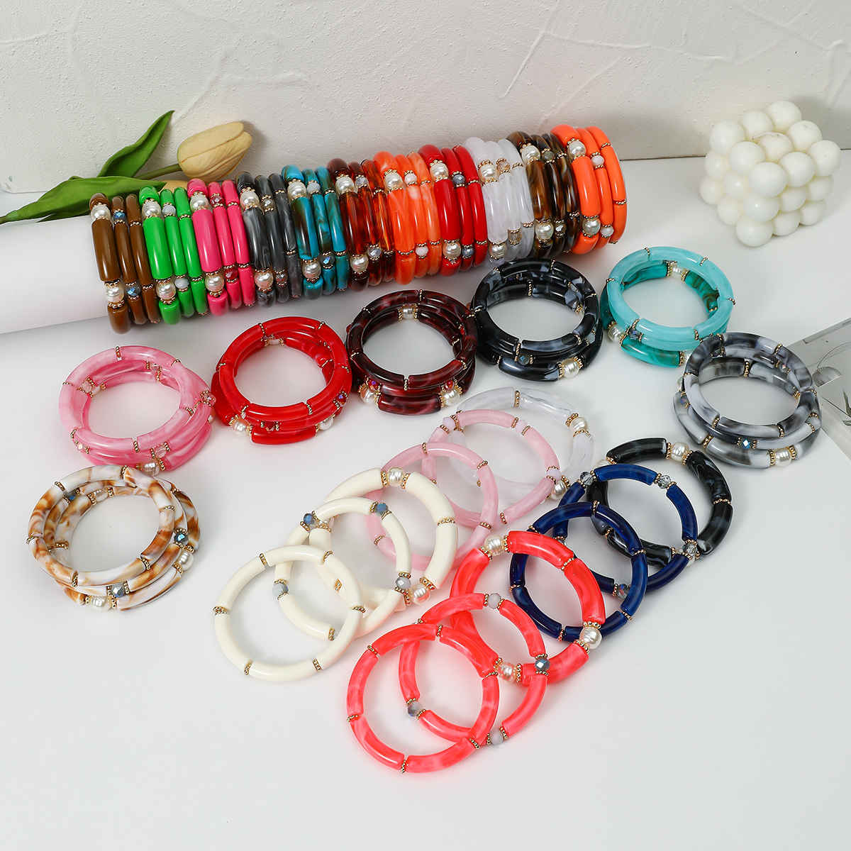 Best-selling 3-piece set of acrylic curved tube bracelet, multi-layer simple and fashionable style, multi-color versatile, exaggerated style bracelet for women