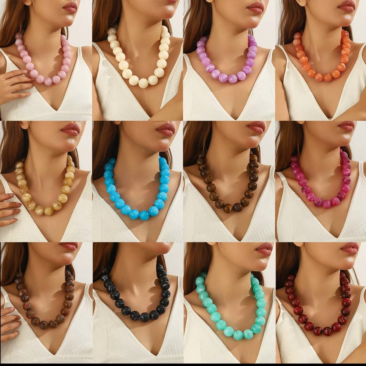New European and American acrylic exaggerated colored beaded necklace, fashionable geometric round bead collar collarbone chain, versatile 24 miles detail image 2