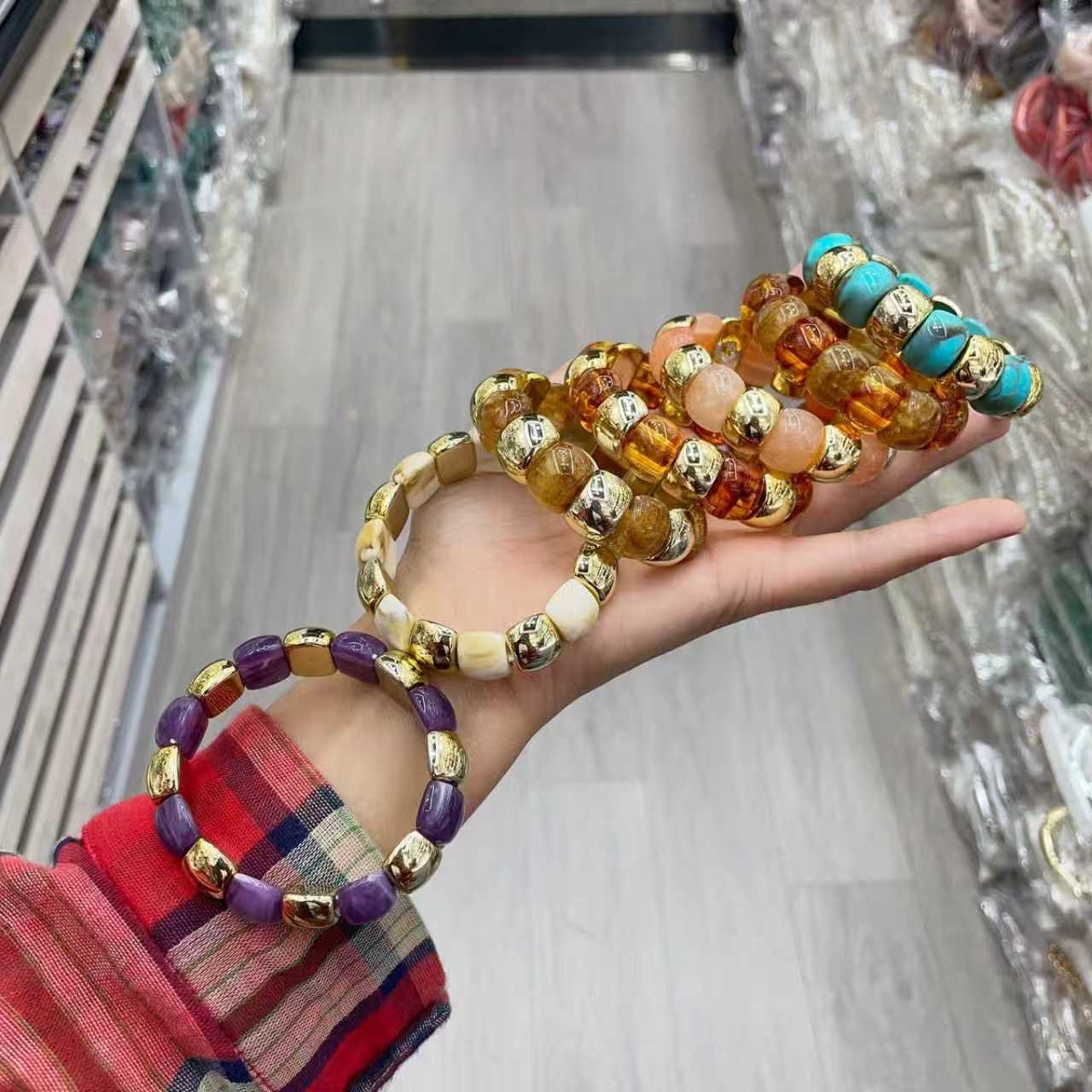 European and American fashionable acrylic bracelet, golden spliced curved tube bracelet, arc-shaped bamboo tube multi-color retro tinted bracelet for women detail image 3