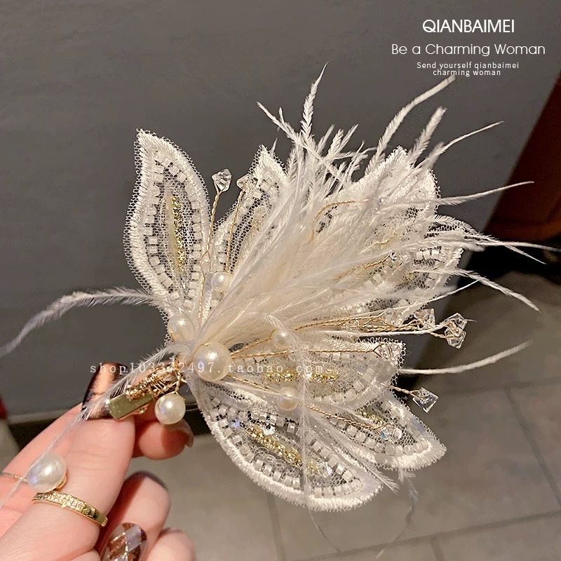 森系超仙羽毛珍珠发夹2025新款后脑勺发卡侧边夹配饰新娘盘发头饰汉服假发发饰