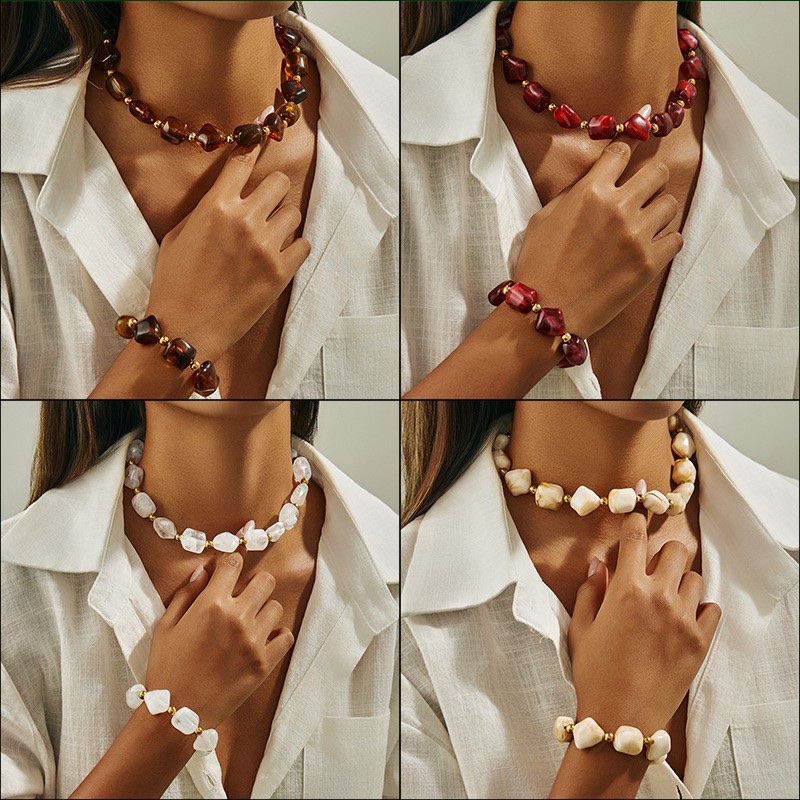 Wholesale of new cross-border fashion accessories from Europe and America, two-piece sets of acrylic beaded bracelets and necklaces details Picture