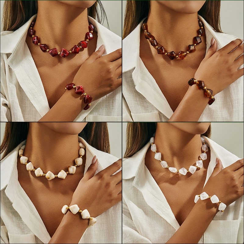 Wholesale of new cross-border fashion accessories from Europe and America, two-piece sets of acrylic beaded bracelets and necklaces