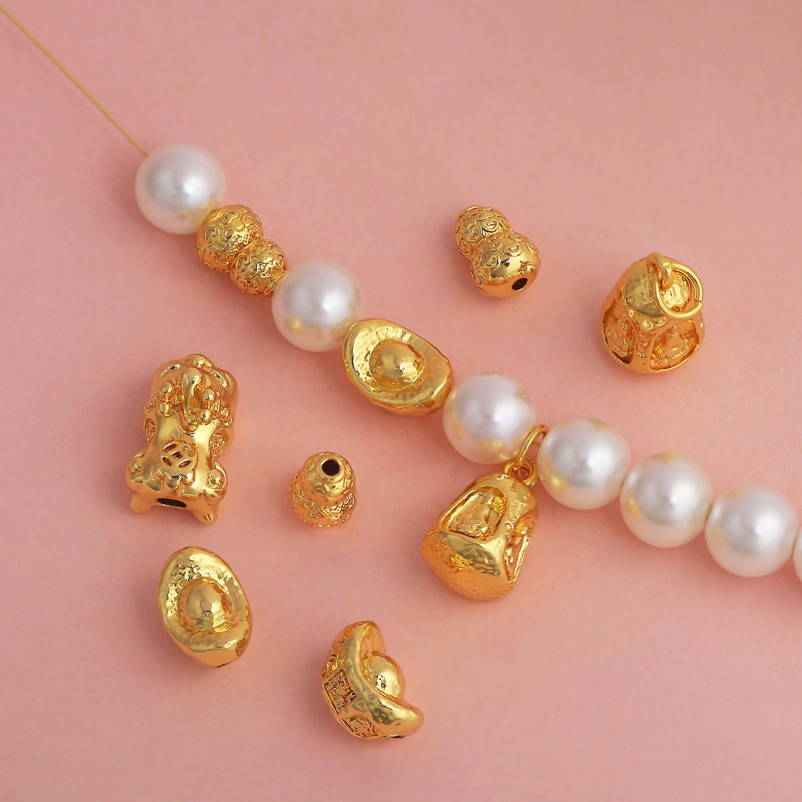 Wholesale of high-quality color-retaining PI Xiu, gourd, small ingot, beads, auspicious and lucky, 18K real gold plated diy bracelet accessories and materials