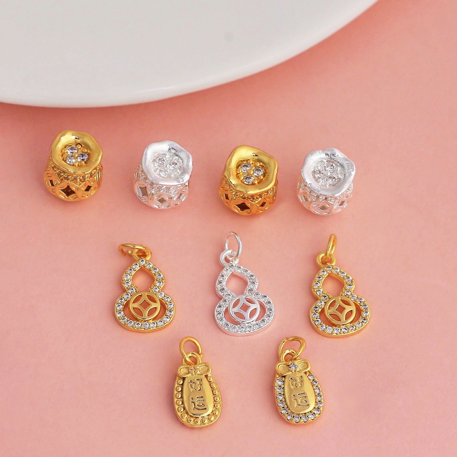 Wholesale of high-color-retention pendant beads inlaid with zircon copper coin gourds and money bags plated with 18K real gold diy bracelet and necklace accessories details Picture
