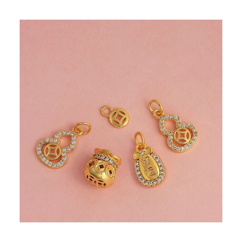 Wholesale of high-color-retention pendant beads inlaid with zircon copper coin gourds and money bags plated with 18K real gold diy bracelet and necklace accessories Item Picture