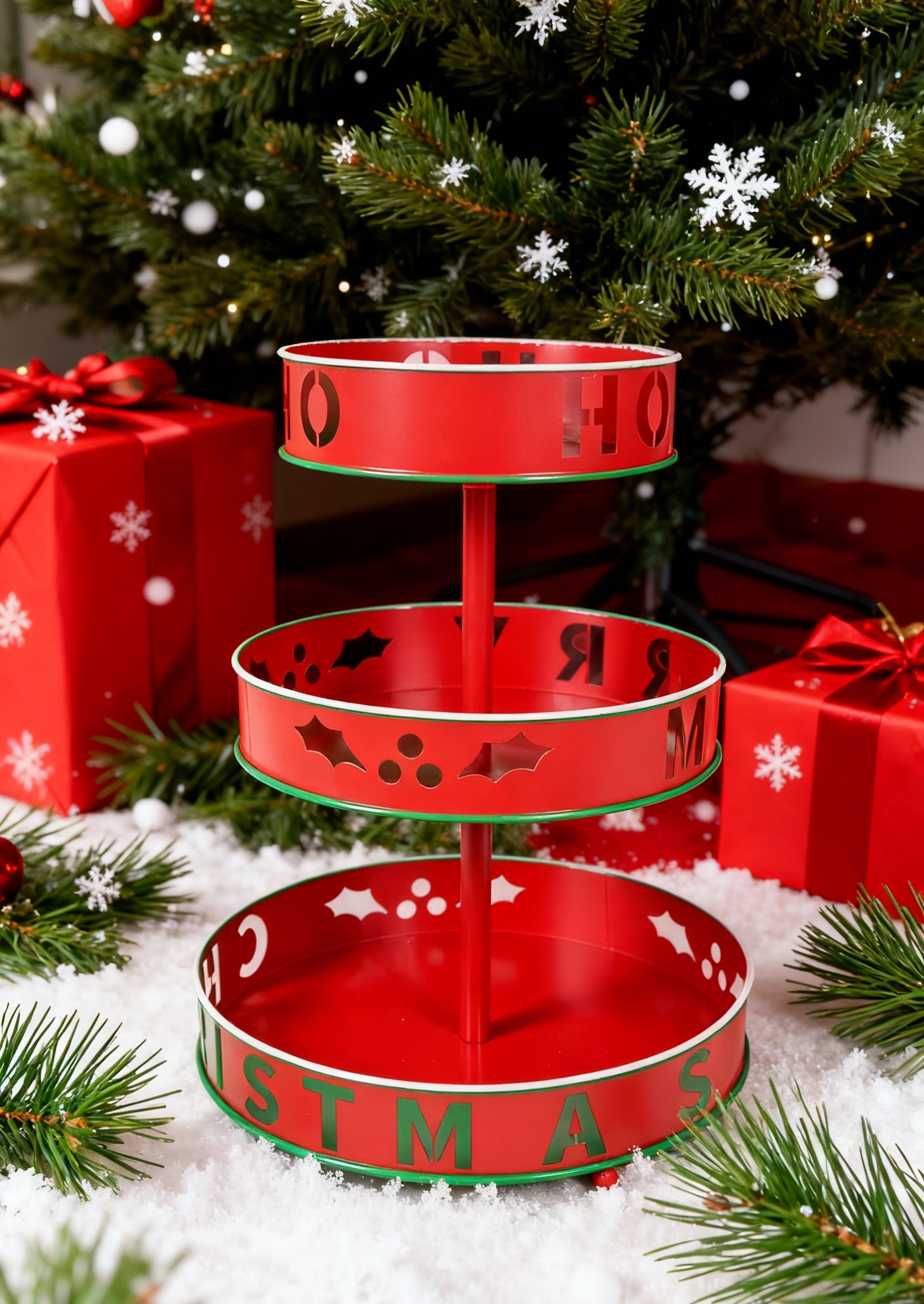 20年老厂圣诞多层置物架 镂空字母甜品台水果盘批发定制