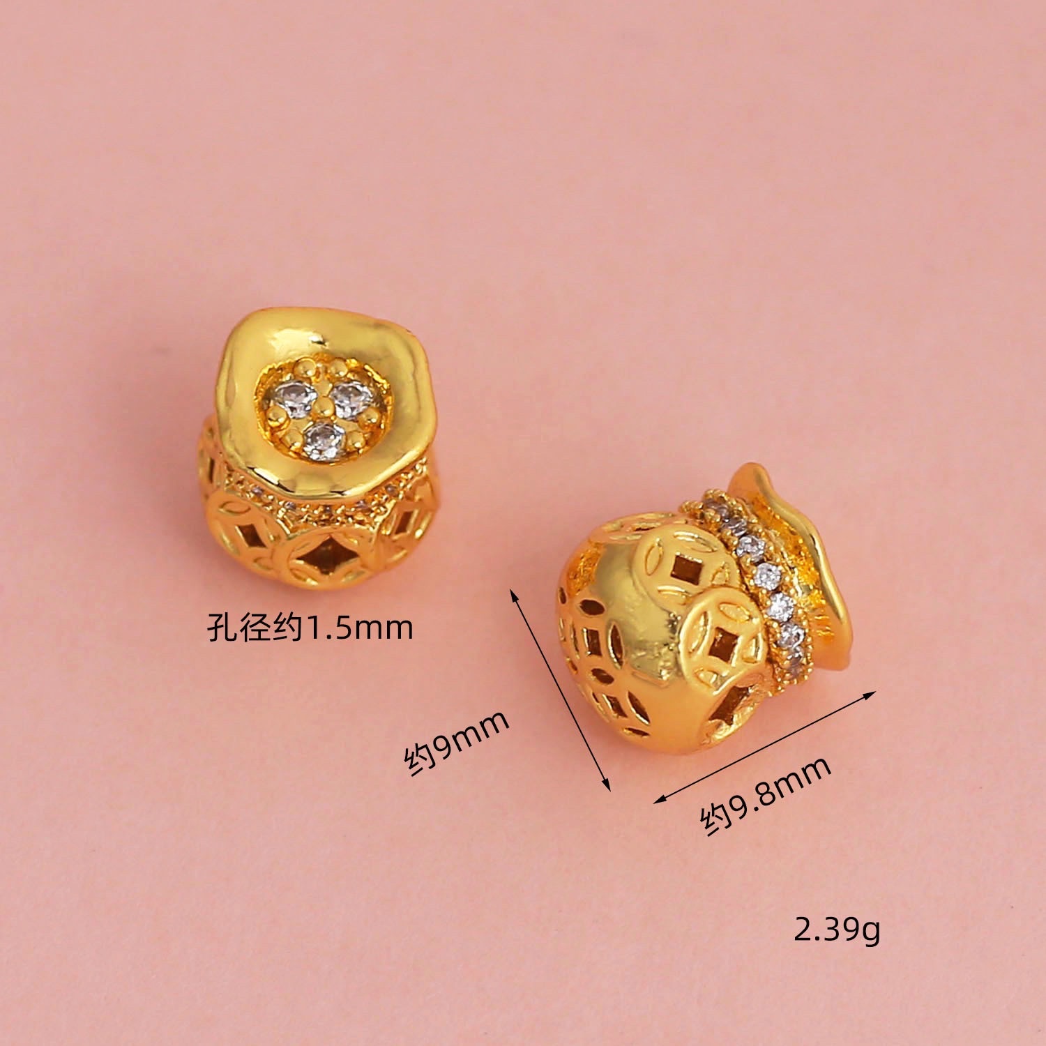 Wholesale of high-color-retention pendant beads inlaid with zircon copper coin gourds and money bags plated with 18K real gold diy bracelet and necklace accessories detail image 6