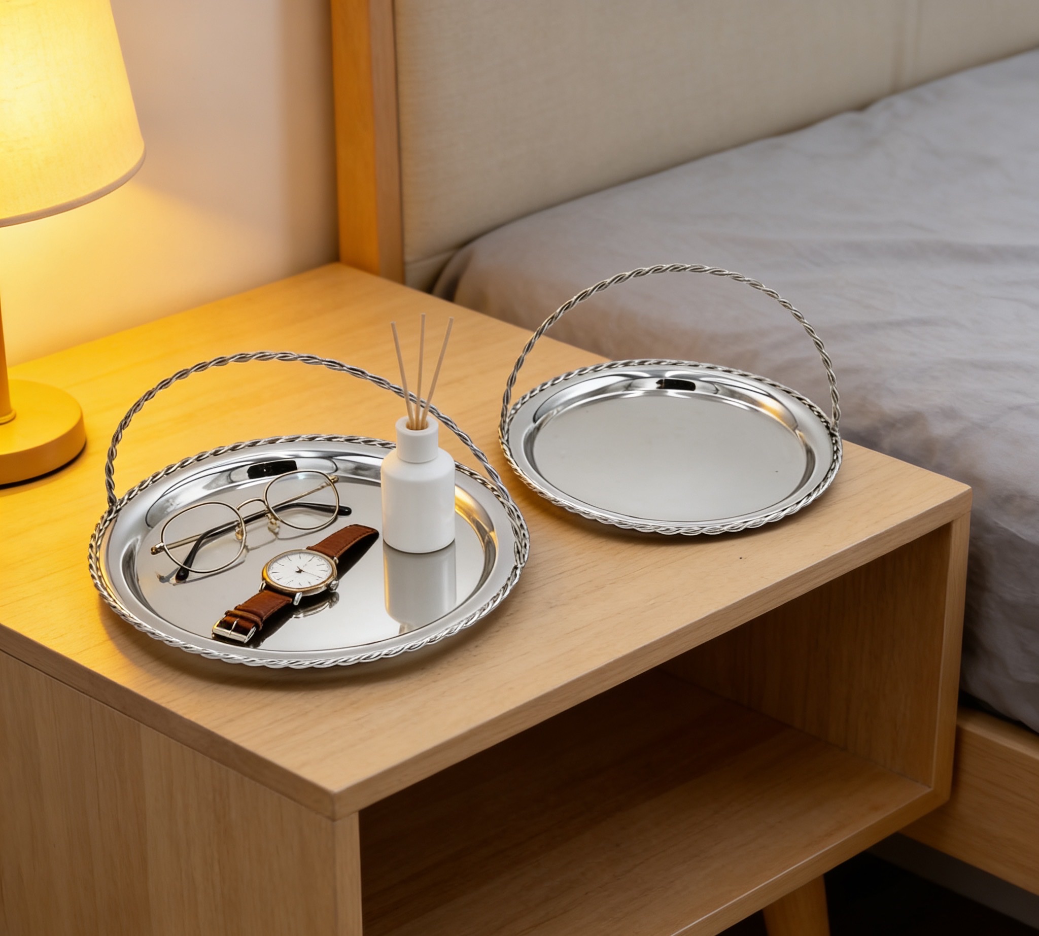 轻奢金属手提收纳托盘 金色银色桌面首饰化妆品整理盘工艺品详情图2