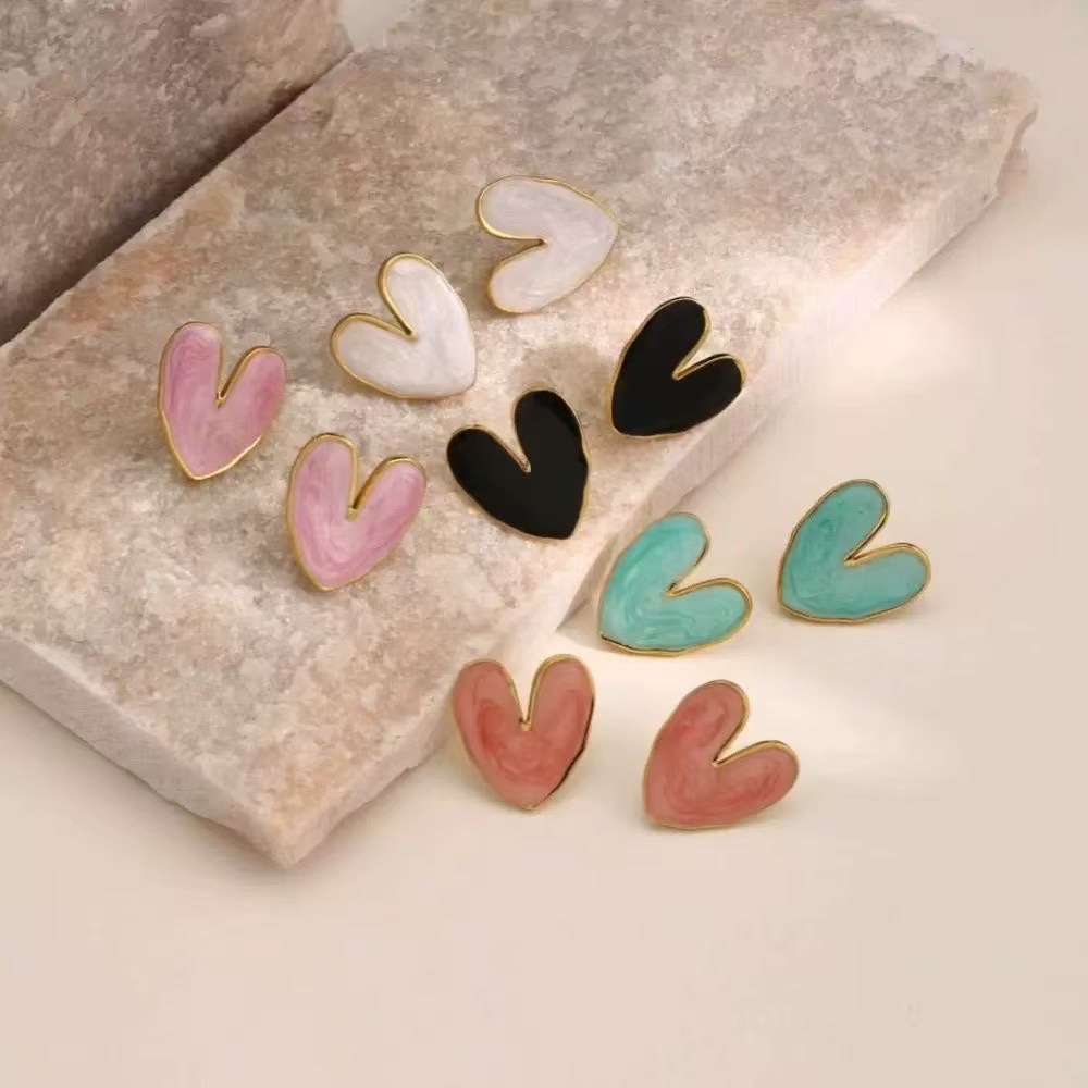 Stainless steel color oil heart fashionable ear studs, flocked earrings, simple ear plugs, anti-drop ear stud accessories, multiple women's styles to choose from details Picture