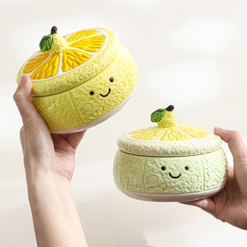 Creative and cute lid-covered lemon ceramic household ashtray, living room coffee table, anti-fly decorative item, office ashtray tableware detail image 4