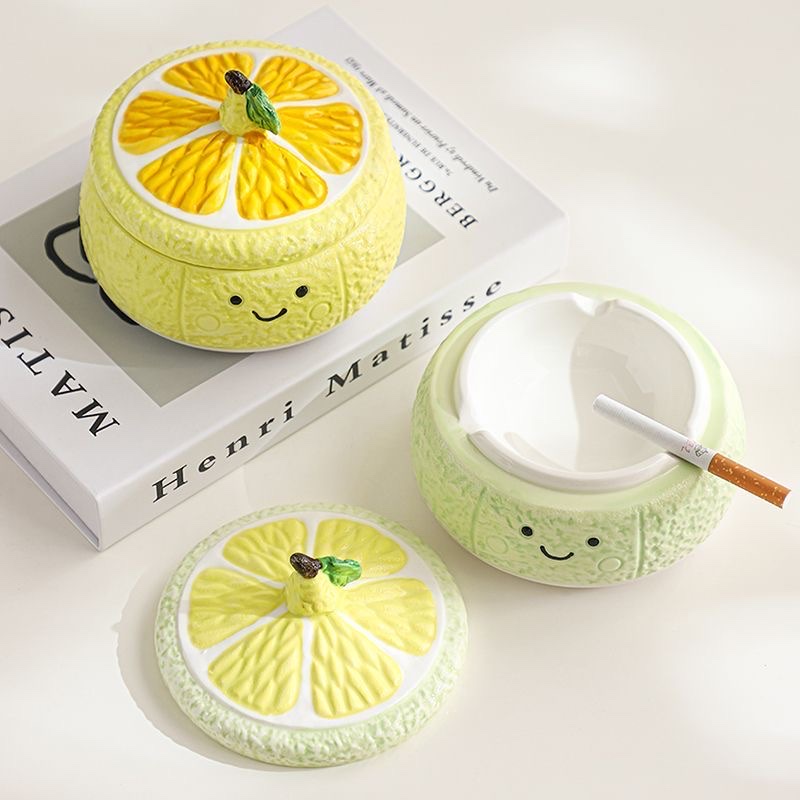 Creative and cute lid-covered lemon ceramic household ashtray, living room coffee table, anti-fly decorative item, office ashtray tableware detail image 2