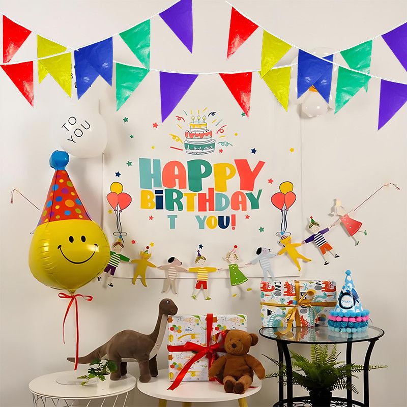 Colorful flags, triangular flags, birthday party decoration items, PE festival flag-pulling and flag-stringing activity decorations, triangular colorful flags Application Scenario