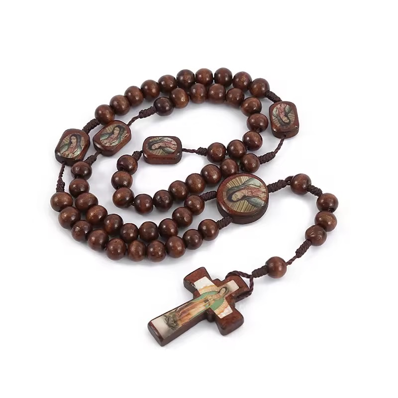 Factory direct sales of wooden bead oil-dripping Jesus necklace, cross religious jewelry