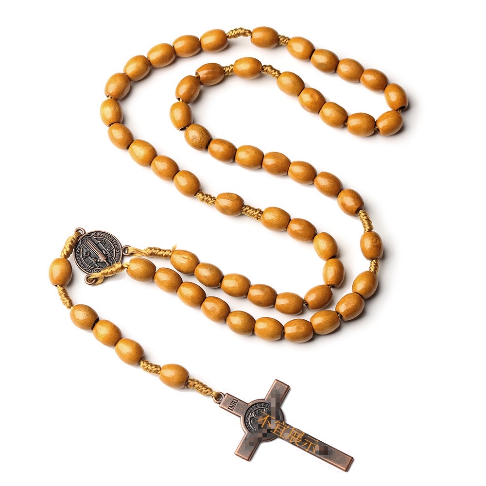 【 In Stock 】 Wooden prayer bead necklace with cross weaving, brown rice beads strung together, Easter cross-border jewelry Item Picture