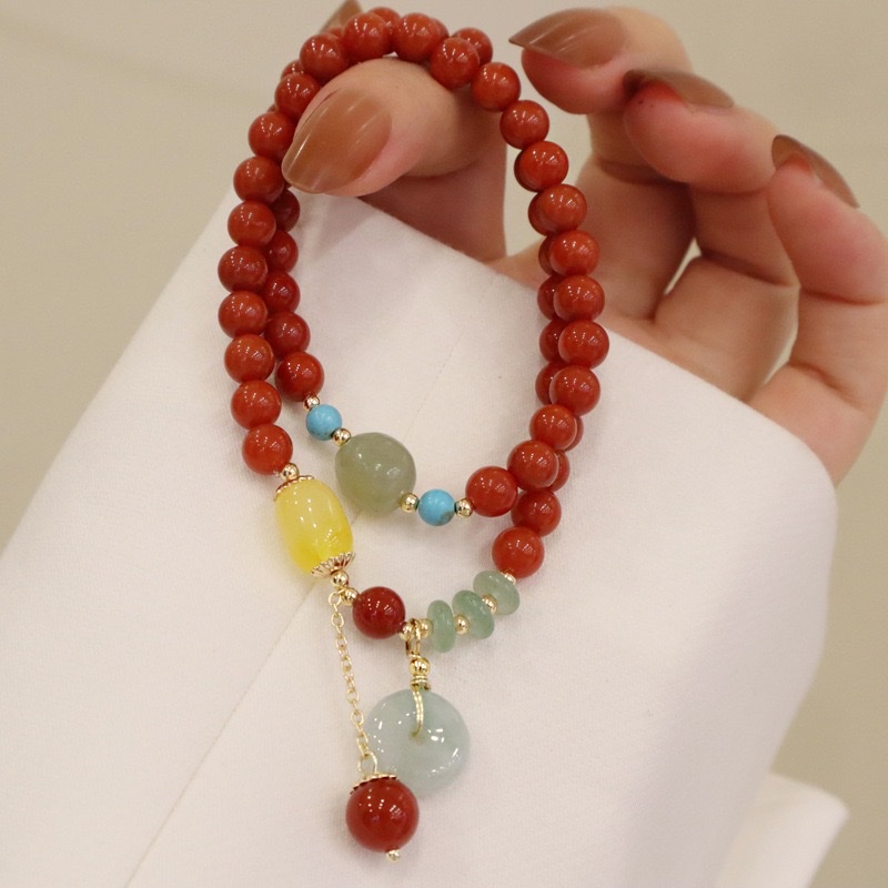 南红和田玉手链平安扣手串女和田玉小众设计感网红手工串珠手链白底实物图