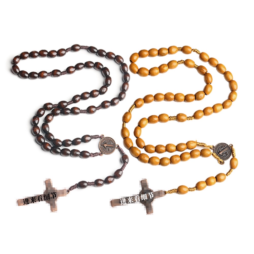 【 In Stock 】 Wooden prayer bead necklace with cross weaving, brown rice beads strung together, Easter cross-border jewelry