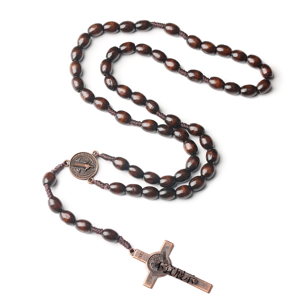【 In Stock 】 Wooden prayer bead necklace with cross weaving, brown rice beads strung together, Easter cross-border jewelry details Picture