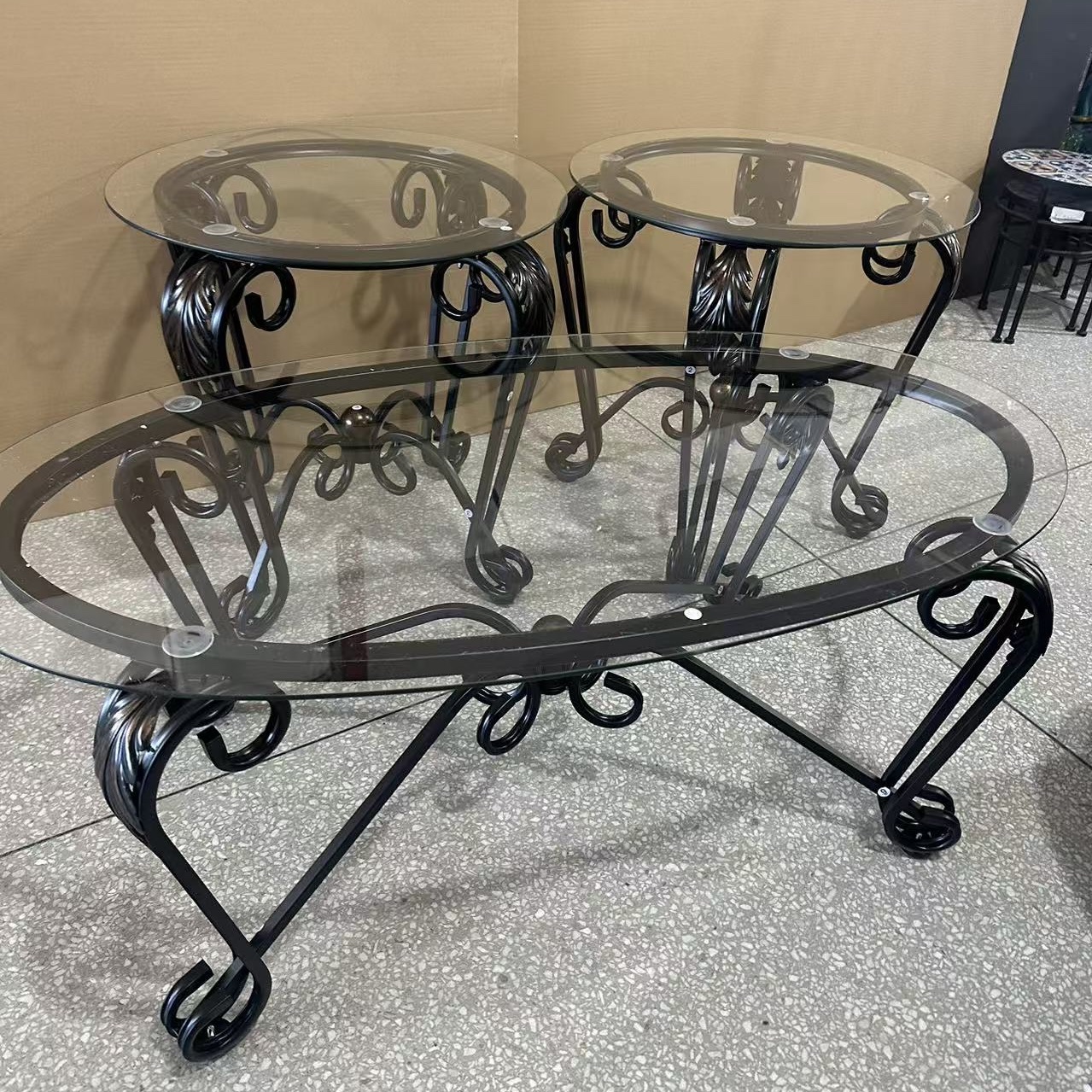 三件套简约欧式风格家用玻璃圆茶几沙发边角几边桌阳台花架花几白底实物图