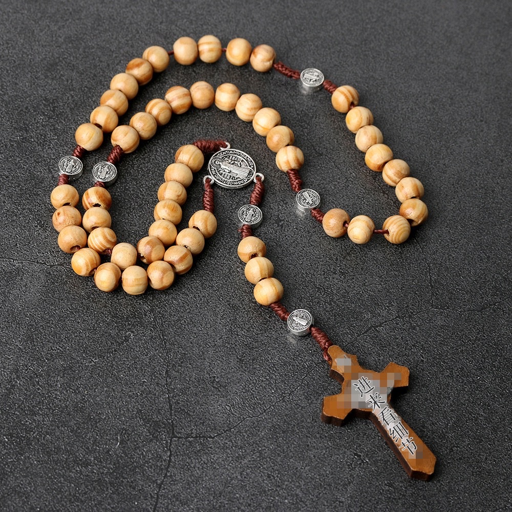 【现货】天然木珠十字架念珠项链木质饰品手工编织跨境产品批发产品图