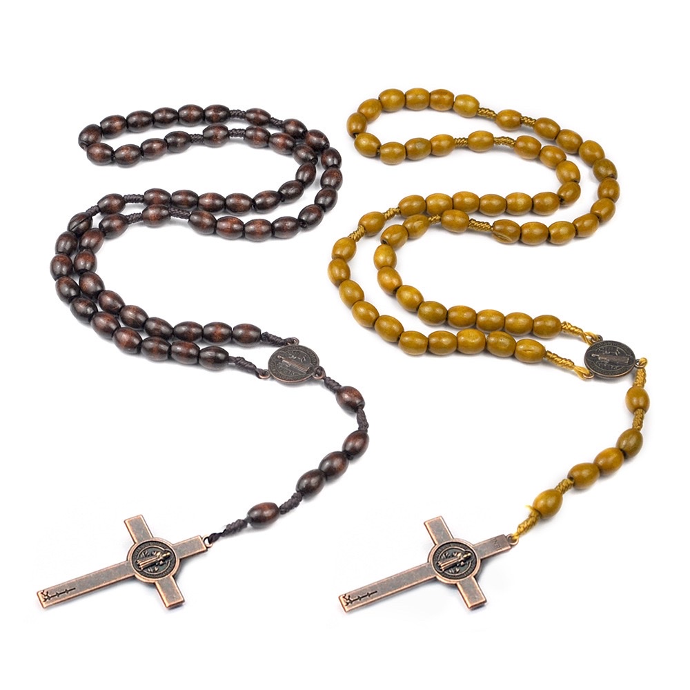 【 In Stock 】 Wooden prayer bead necklace with cross weaving, brown rice beads strung together, Easter cross-border jewelry Application Scenario
