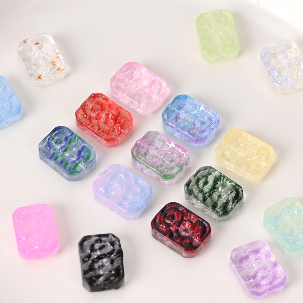 Glazed double-sided flower imitation jade retro flower plate straight hole rectangular flower piece diy bracelet, beaded necklace, handcrafted material hair accessory, hair clip accessory detail image 2