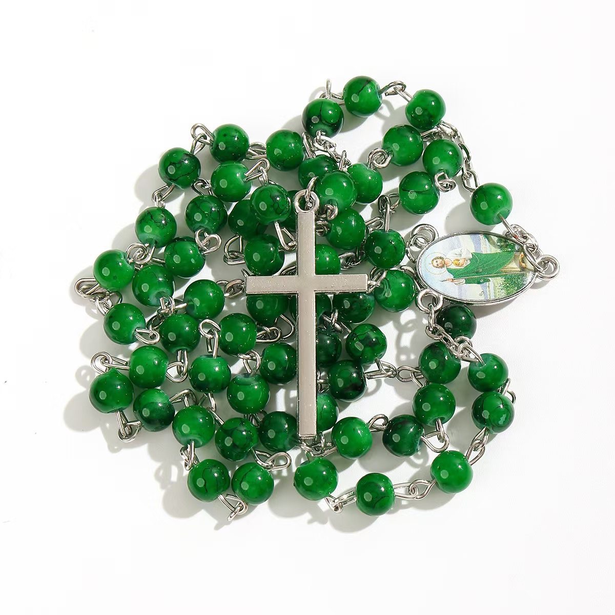 A popular 6mm brushed bead cross necklace and prayer bead baptism necklace on cross-border e-commerce platforms Item Picture