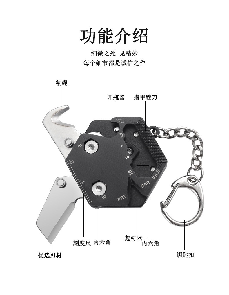 批发多功能六角硬币小刀硬币折刀户外EDC迷你螺丝批工具不锈钢钥匙扣 