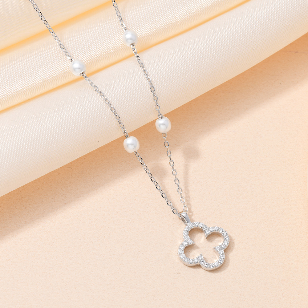 影响力饰品S925纯银锁骨链 时尚饰品潮流百搭个性项链 珍珠四叶草吊坠项链
