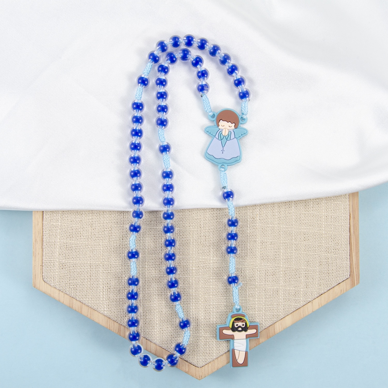 亚马逊热销卡通人物儿童十字架天使吊坠串珠编织长款念珠项链批发 细节图