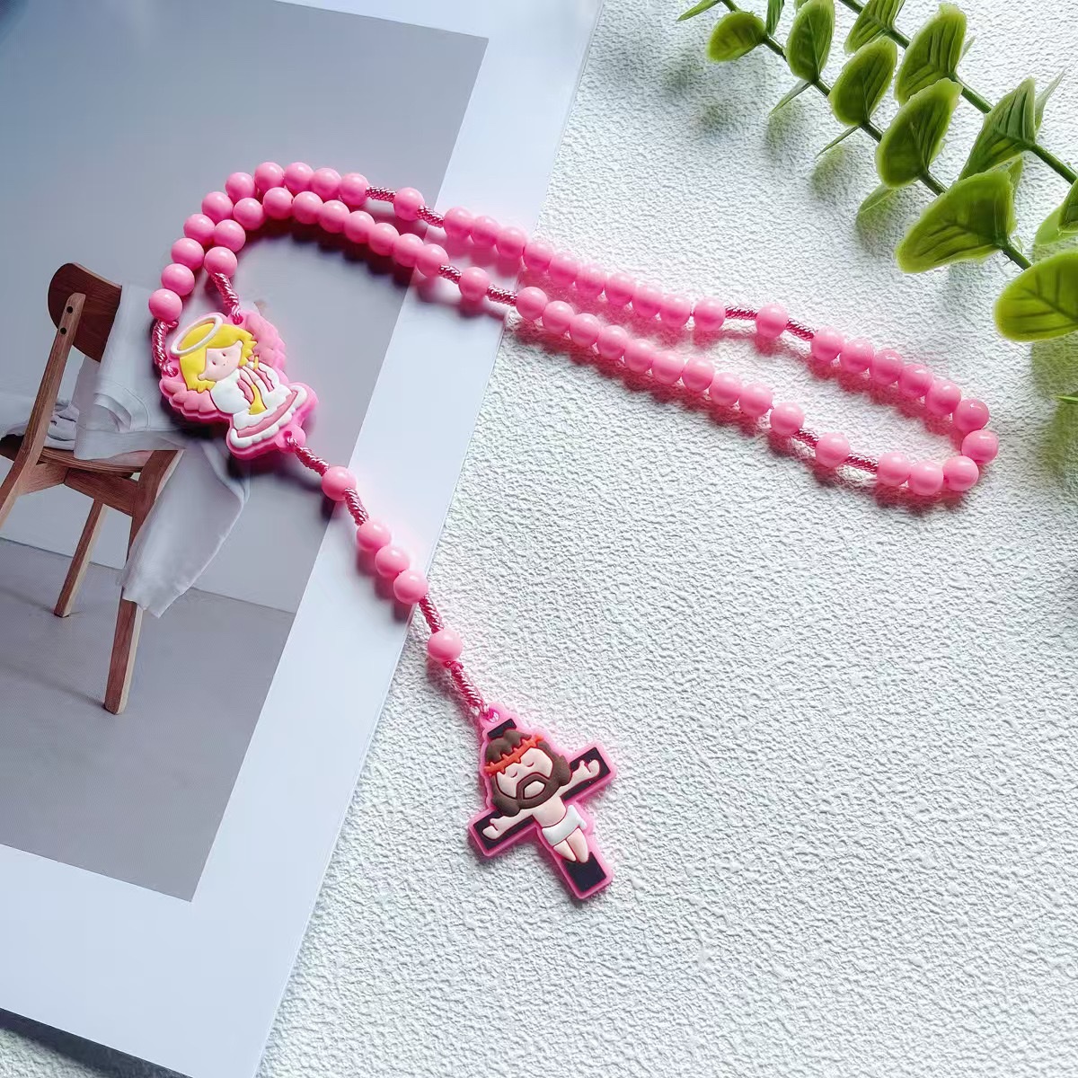 Cross-border Catholic rosary Children's Cross Angel Pendant Beaded Weaving Long Rosary Necklace Specification image