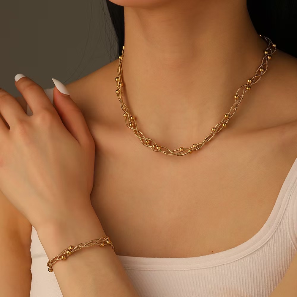 18 K金不锈钢手链项链脚链套装蛇骨链三层编织个性时尚首饰搭配女款百搭潮流