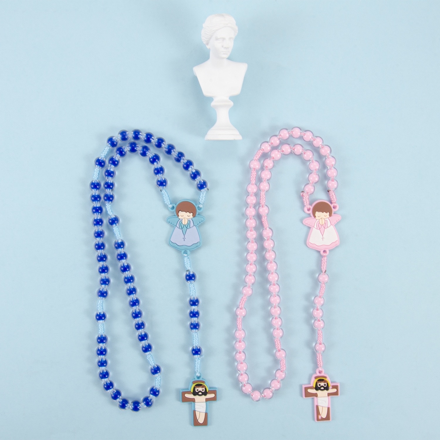 亚马逊热销卡通人物儿童十字架天使吊坠串珠编织长款念珠项链批发 