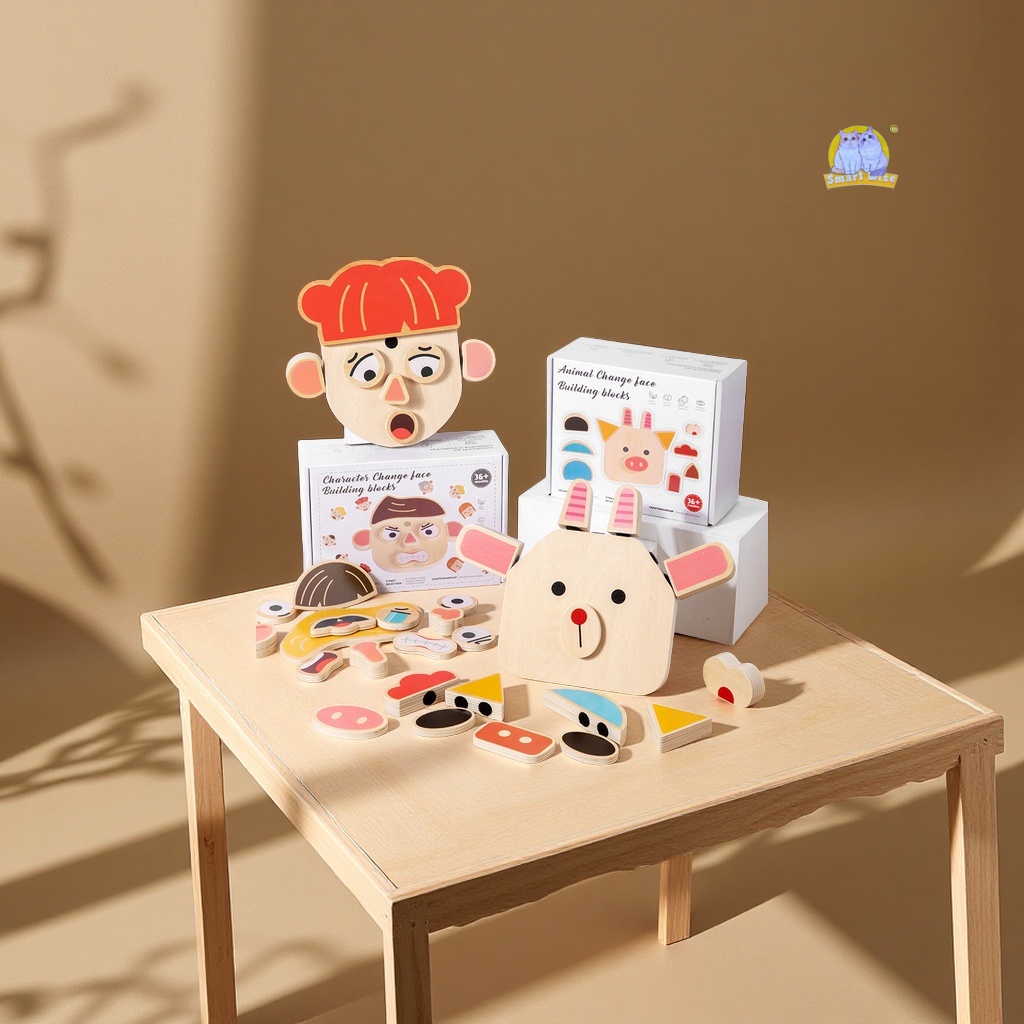 木制人物变脸拼图益智幼儿童玩具男女孩表情积木3-4-5岁批发科教拼插玩具