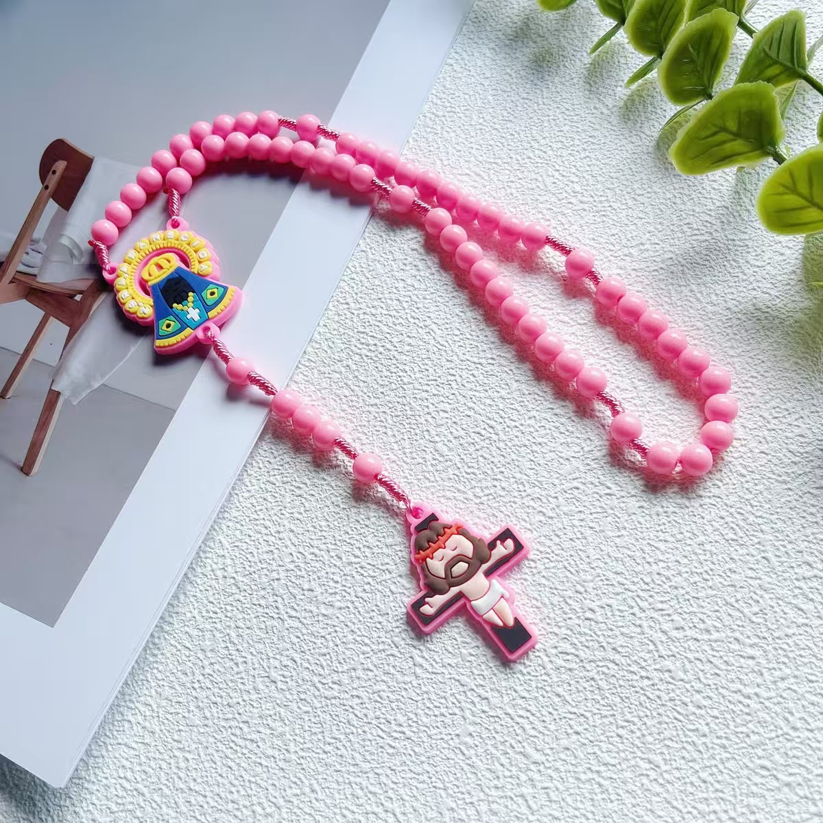 Cross-border Catholic rosary Children's Cross Angel Pendant Beaded Weaving Long Rosary Necklace Application Scenario
