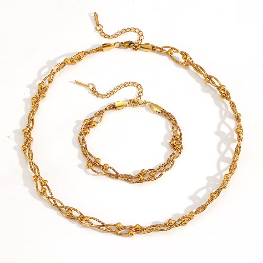 18 K金不锈钢手链项链脚链套装蛇骨链三层编织个性时尚首饰搭配女款百搭潮流细节图