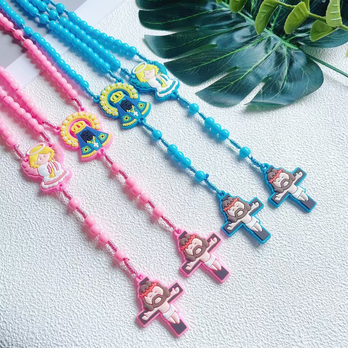Cross-border Catholic rosary Children's Cross Angel Pendant Beaded Weaving Long Rosary Necklace details Picture