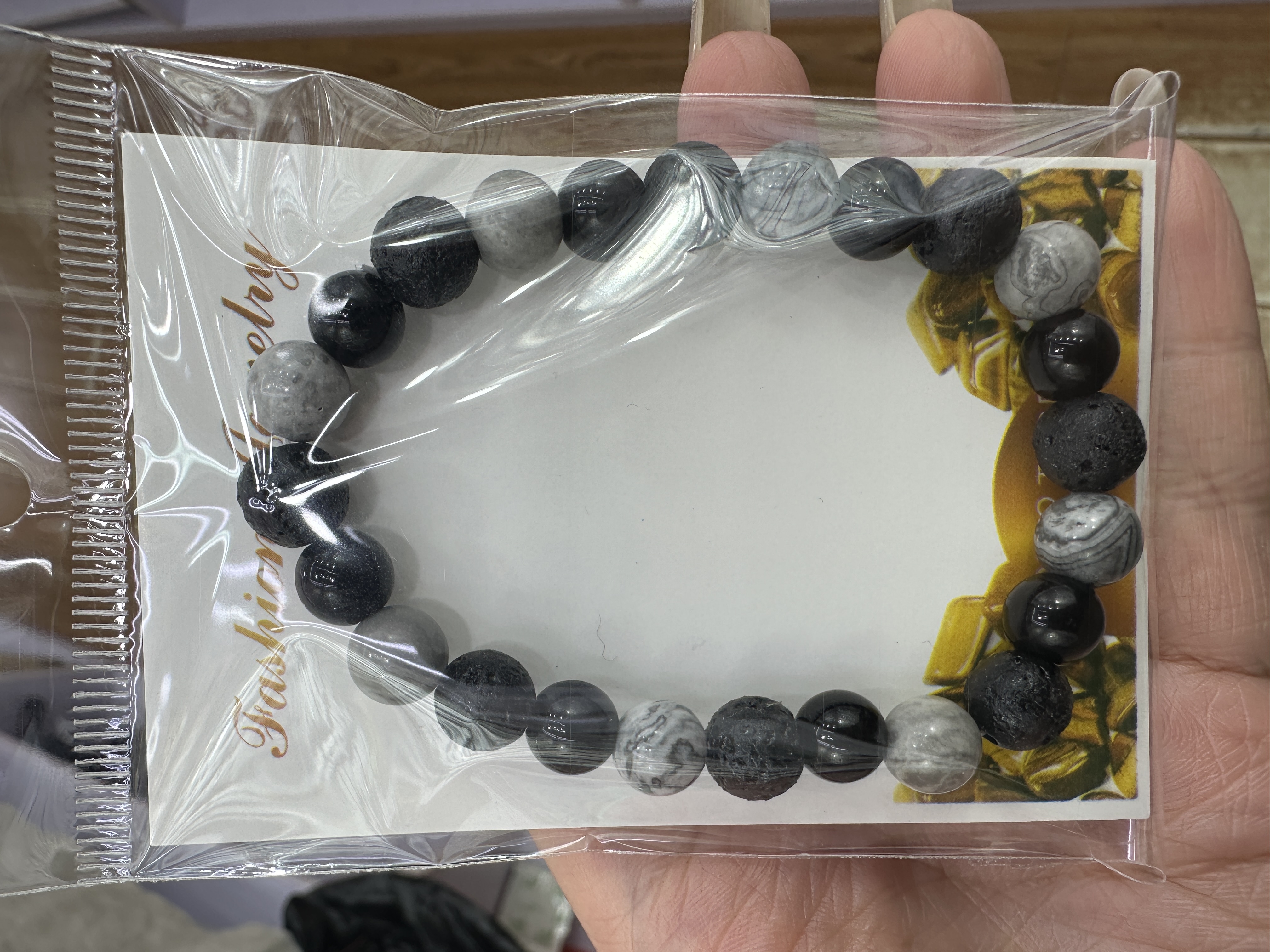 火山石黑曜石图画石天然石三连循环弹力手串个性男女