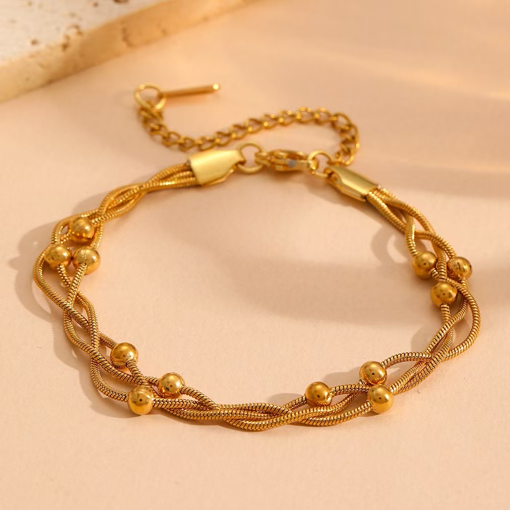 18 K金不锈钢手链项链脚链套装蛇骨链三层编织个性时尚首饰搭配女款百搭潮流产品图