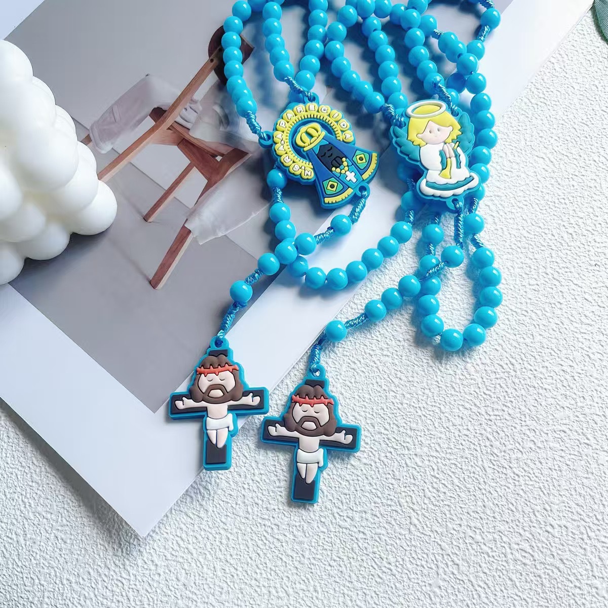 Cross-border Catholic rosary Children's Cross Angel Pendant Beaded Weaving Long Rosary Necklace