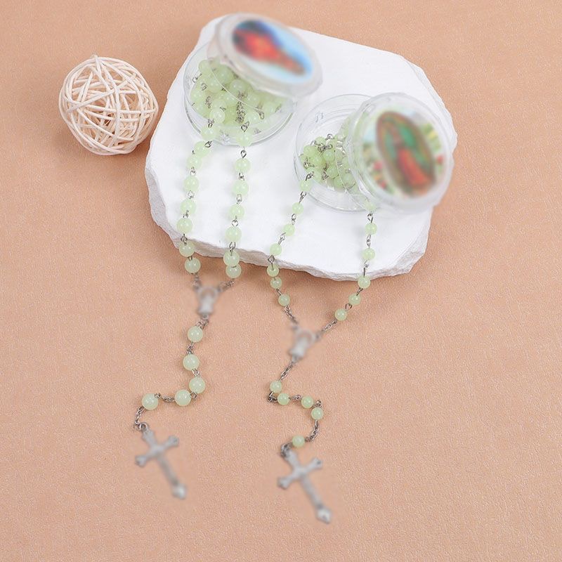 跨境复古盒装宗教玛利亚夜光绿串珠念珠合金吊牌十字架饰品项链 