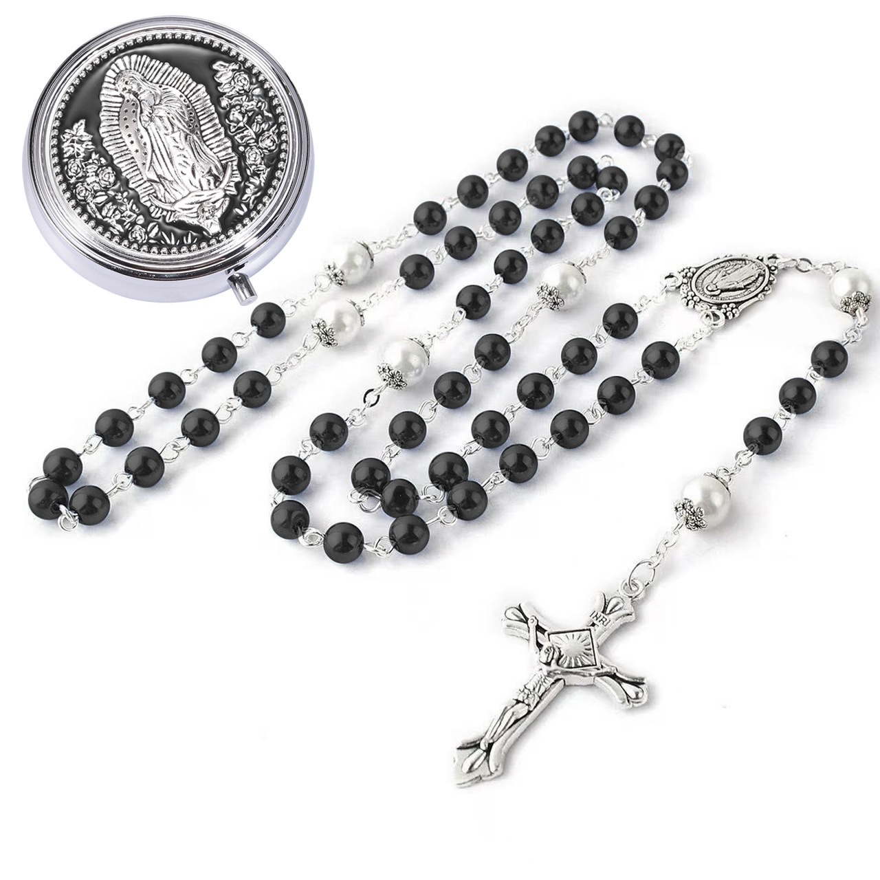 跨境1套念珠盒+念珠圣母长款念珠项链礼盒金属盒洗礼套装男女礼物产品图