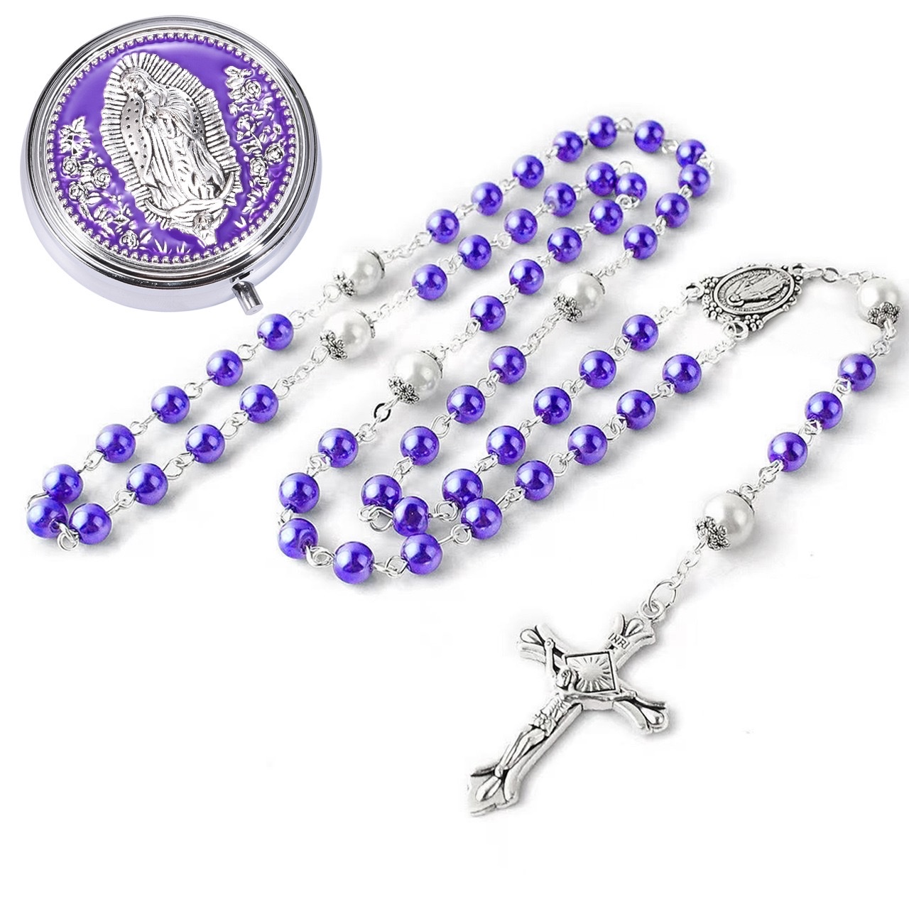 跨境1套念珠盒+念珠圣母长款念珠项链礼盒金属盒洗礼套装男女礼物白底实物图