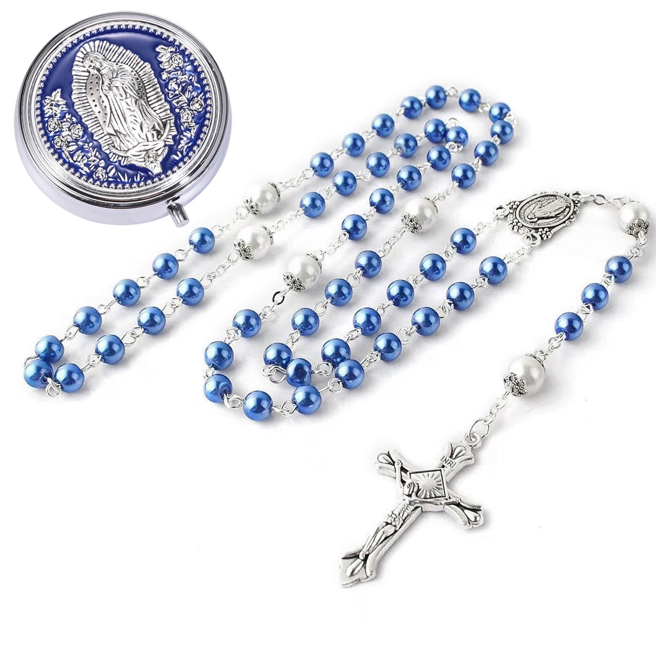 跨境1套念珠盒+念珠圣母长款念珠项链礼盒金属盒洗礼套装男女礼物细节图