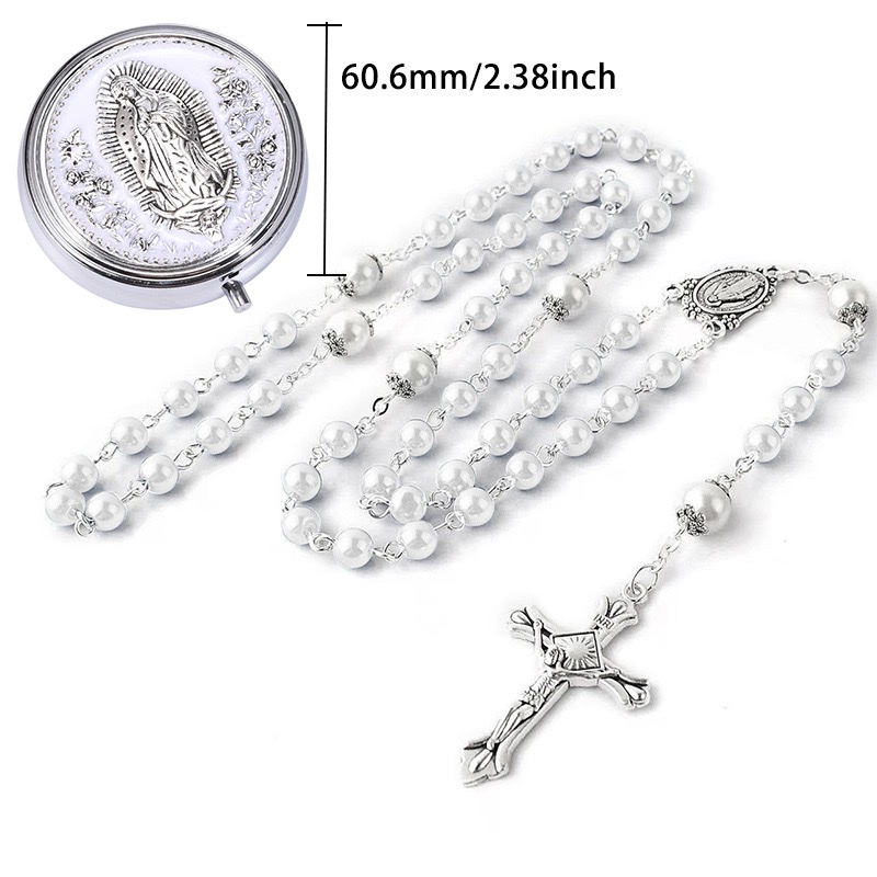 跨境1套念珠盒+念珠圣母长款念珠项链礼盒金属盒洗礼套装男女礼物